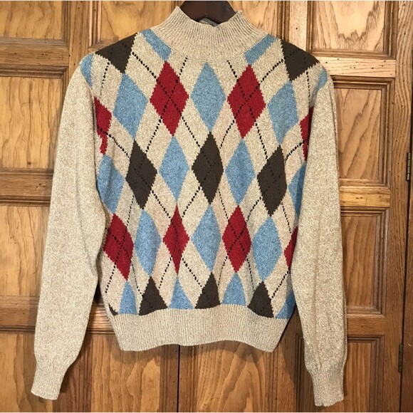 Vtg. Robert Scott Ltd. Tan Argyle Sweater Womens L  Silk Wool Blend Mock Neck LS - Picture 1 of 8